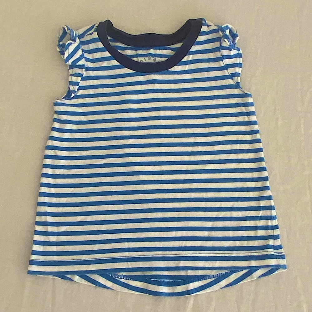 Primary Size 2 Blue & White Striped 100% Cotton T-shirt with Ruffled Cap Sleeves